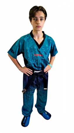 Omologate WAKO - Uniforma Kickboxing „Grafic”, Top Ten, Turcoaz, 130 cm