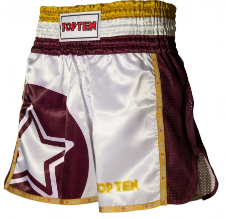 Pantaloni scurti Thaibox, Top Ten, model "Star", aprobat WAKO, Alb Rosu, marime 2XS [3]
