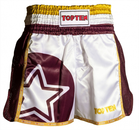 Kickboxing - Pantaloni scurti Thaibox, Top Ten, model "Star", aprobat WAKO, Alb Rosu, marime 2XS