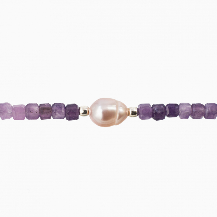 Bratara argint pietre semipretioase lepidolit degrade microfatetat de 2,5 mm cu perla de cultura lungime 16-19 cm [2]