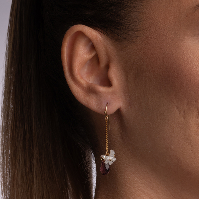 Cercei cristale Austria ametist brioleta 10 mm perla cultura flori sidef Gold filled 1/20 14K [3]