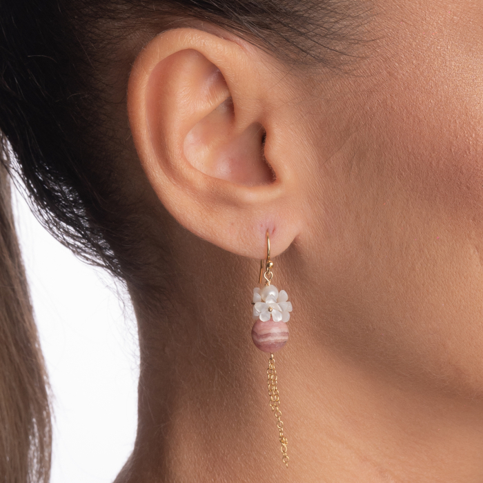 Cercei Gold filed 1/20 perla de cultura 5 mm pietre semipretioase rodocrozit 9 mm flori din sidef lungime 5 cm [3]