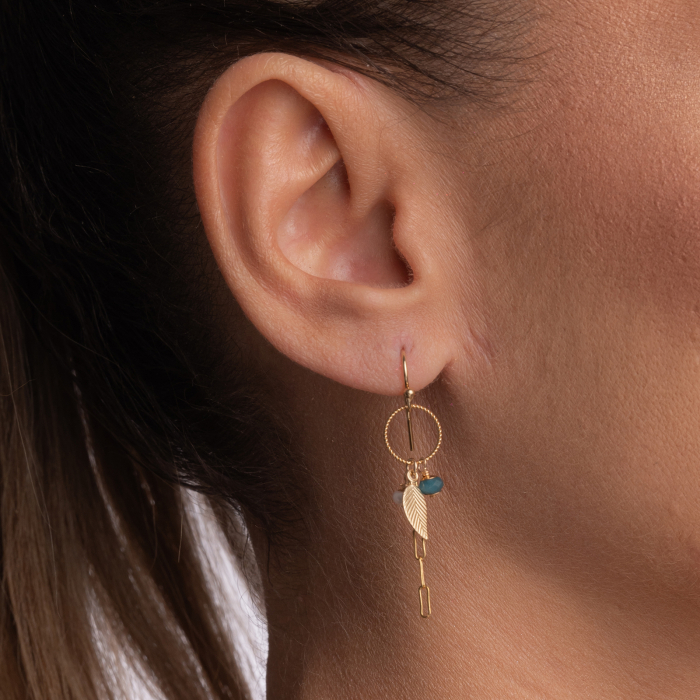 Earrings with 4 mm cultured pearls and 4 mm apatite with leaf detail and paperclip chain - gold-filled 1/20 14K [2]