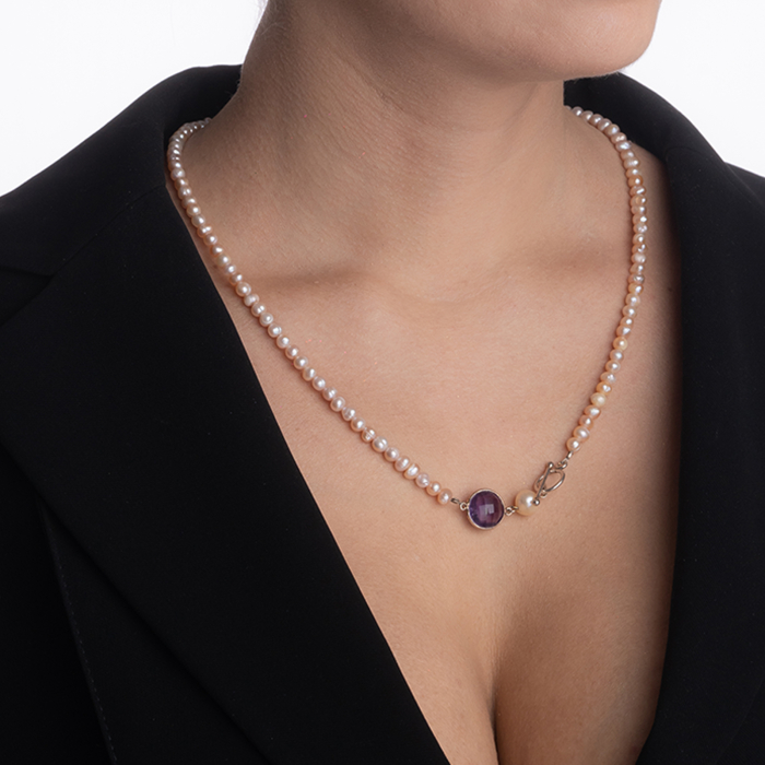 Colier argint perle de cultura de cultura cu diametrul de 5 mm cu accesoriu din piatra semipretioasa ametist lungime 52 cm [4]