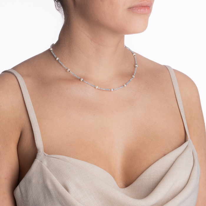 Colier argint pietre semipretioase acvamarin 2 mm si perlute de cultura lungime 42 cm [4]