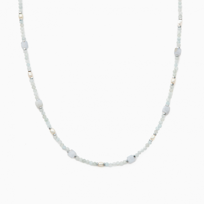 Colier argint pietre semipretioase acvamarin microfatetat 2 mm cubulete din calcedonie, perlute de cultura si accente din hematit lungime 42 cm [2]
