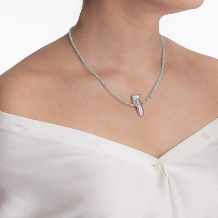 Colier argint pietre semipretioase amazonit cubulete de 3 mm , hematit si scoica naturala lungime 43 cm [3]