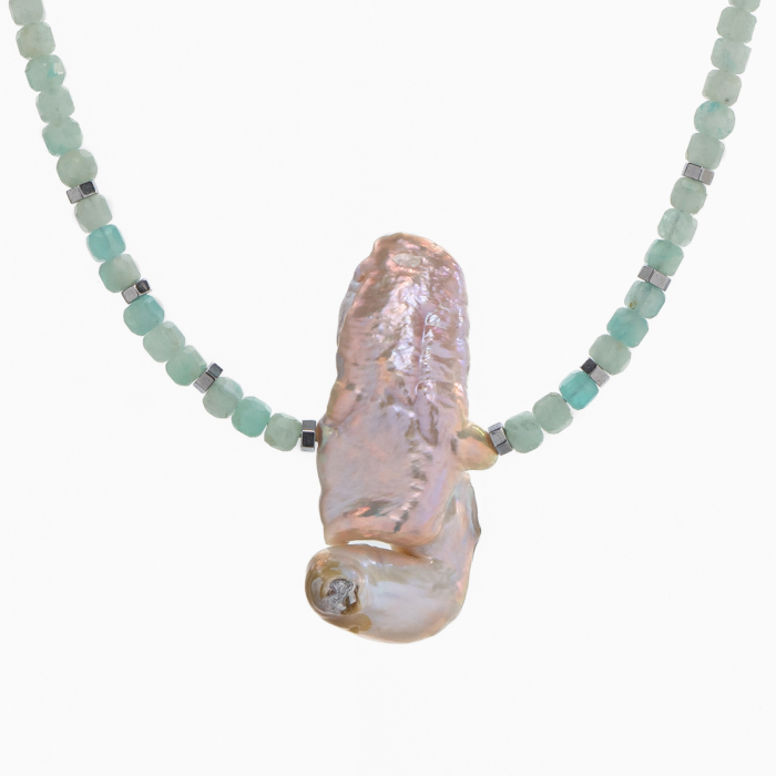 Colier argint pietre semipretioase amazonit cubulete de 3 mm , hematit si scoica naturala lungime 43 cm [2]