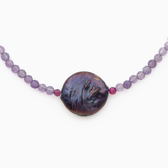 Silver necklace with micro-faceted amethyst 2.5 mm and a cultured pearl with purple iridescence - length 42 cm [2]