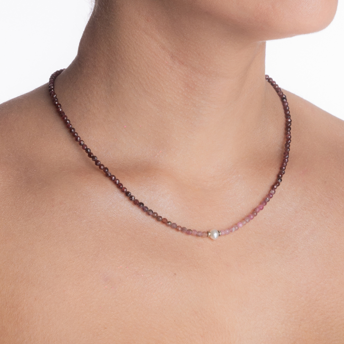 Colier argint pietre semipretioase granat microfatetat 3 mm turmalina roz si perla de cultura lungime 42 cm [3]