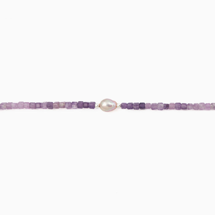 Silver necklace with lepidolite 2.5 mm cubelets and cultured pearls - length 42 cm [2]
