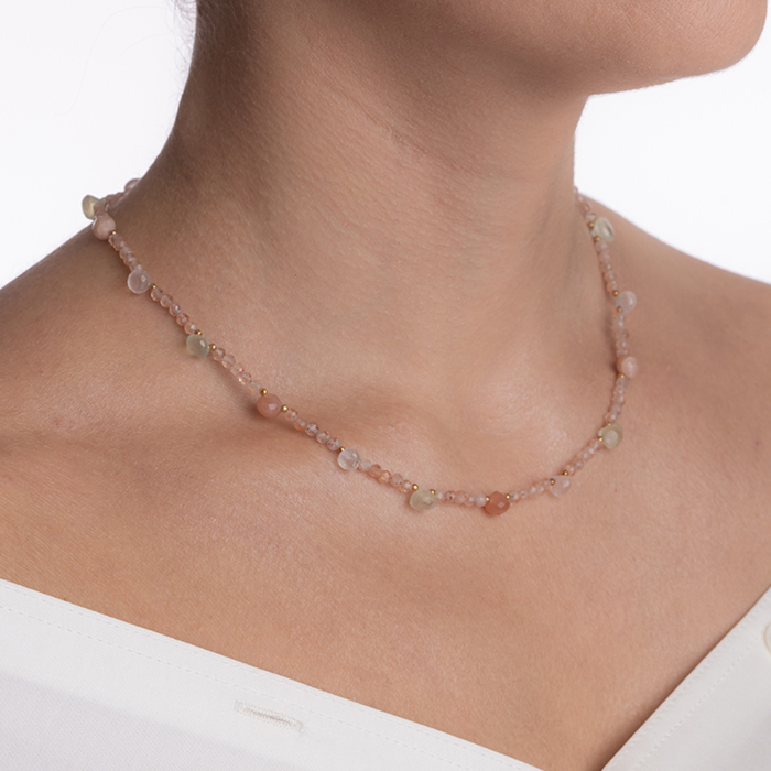 Colier argint pietre semipretioase microfatetate piatra soarelui de 3.5 mm, briolete din cuart roz, Cristal de stanca, prehnit, piatra lunii lungime 36 cm [3]