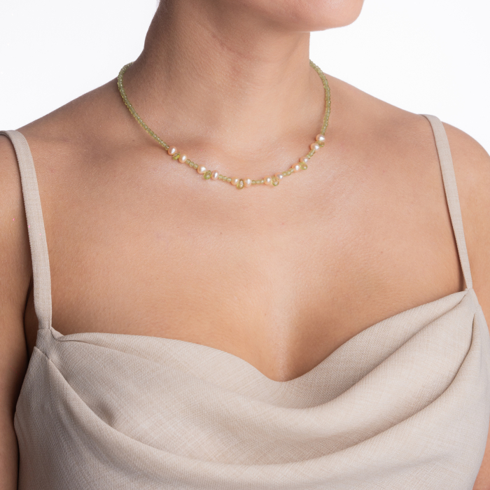 Colier argint pietre semipretioase peridot microfatetat 3 mm cu briolete din peridot si perle de cultura lungime 42 cm [3]