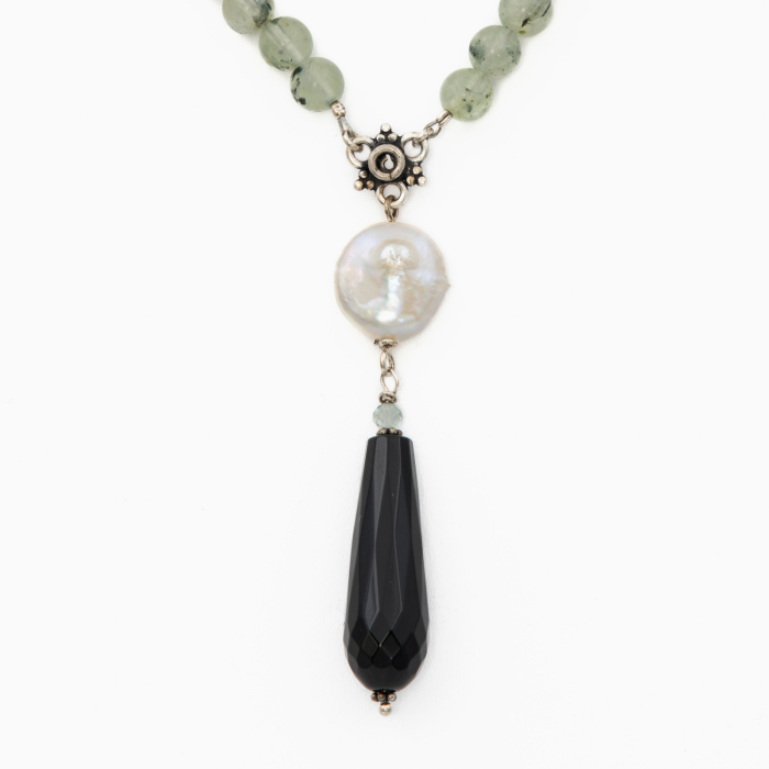 Colier argint pietre semipretioase prehnit 5 mm, onix si perla naturala  lungime 58 cm [2]