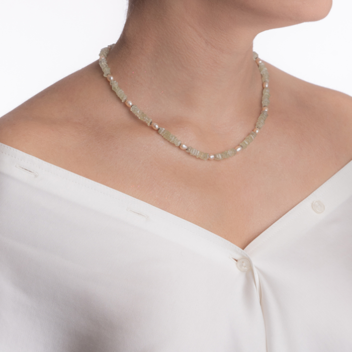 Colier argint pietre semipretioase prehnit rotunde de 6 mm, perla de cultura, onix  lungime 58 cm [4]