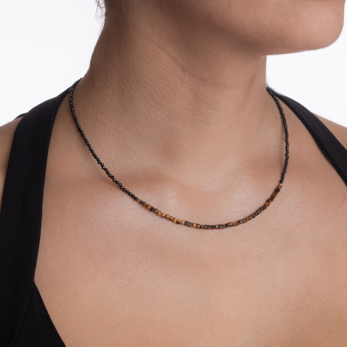 Colier argint pietre semipretioase spinel negru 2,5 mm si cubulete din ochi de tigru lungime 41 cm [3]