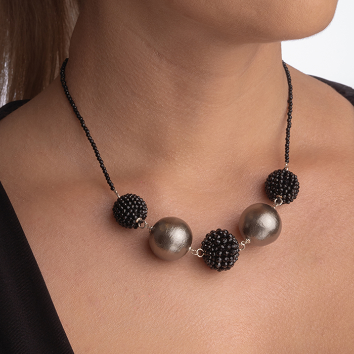Colier argint pietre semipretioase spinel negru bile de 14 si 16 mm bila bronz tip perla Japonia 20 mm [3]