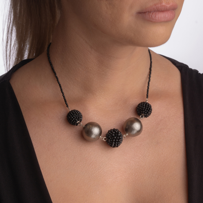 Colier argint pietre semipretioase spinel negru bile de 14 si 16 mm bila bronz tip perla Japonia 20 mm [4]