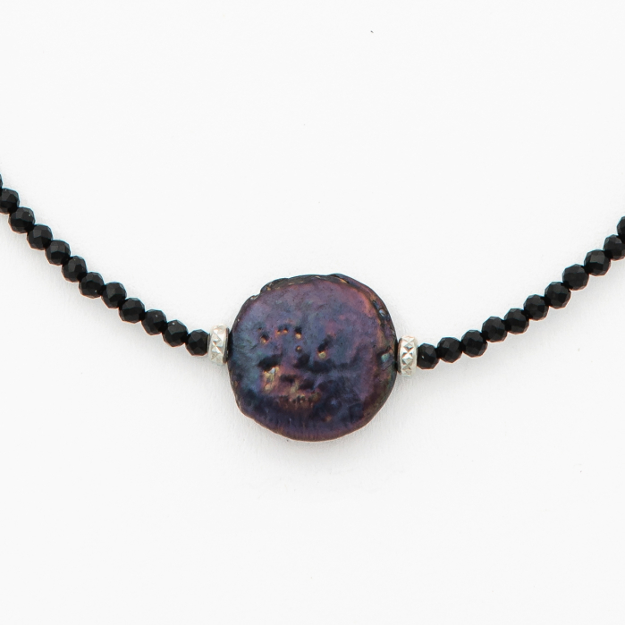 Colier argint pietre semipretioase spinel negru microfatetat 2,5 mm cu perla cultura cu irizatii mov lungime 42 cm [2]