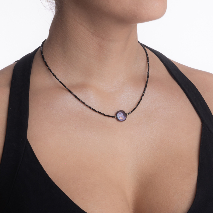 Colier argint pietre semipretioase spinel negru microfatetat 2,5 mm cu perla cultura cu irizatii mov lungime 42 cm [3]