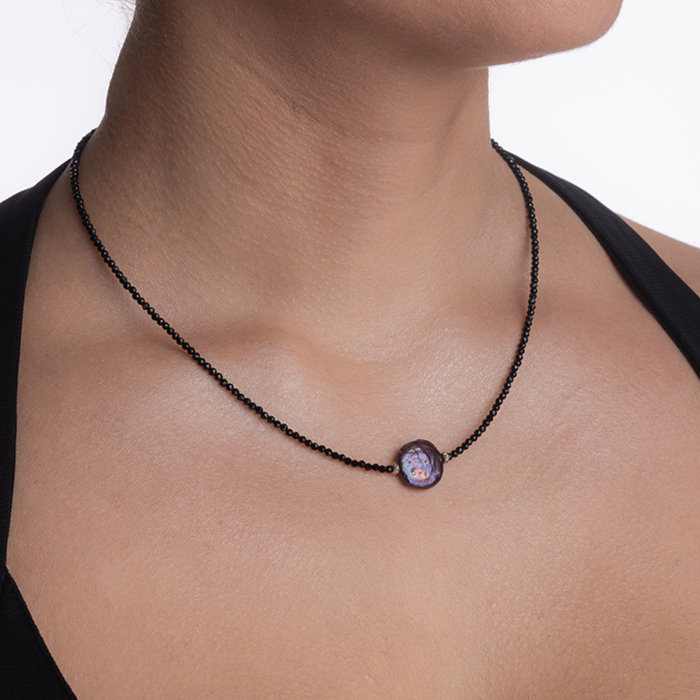Colier argint pietre semipretioase spinel negru microfatetat 2,5 mm cu perla cultura cu irizatii mov lungime 42 cm [4]