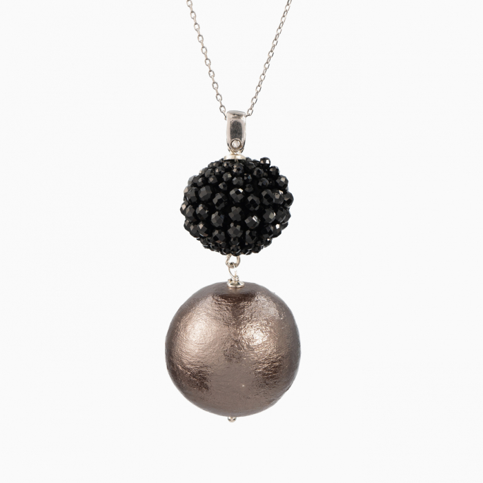 Silver pendant necklace with 16 mm black spinel bead and 25 mm bronze-tone Japan-style pearl bead [2]