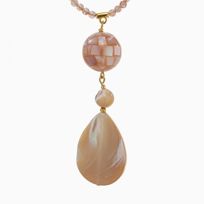 Colier pandantiv din piatra soarelui naturala si brioleta din sidef lungime 52 cm [2]