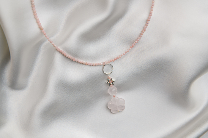 Microfaceted pink Opal and Quartz semi-precious stones pendant necklace [2]