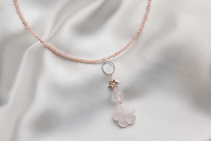 Microfaceted pink Opal and Quartz semi-precious stones pendant necklace [3]