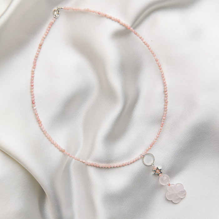 Microfaceted pink Opal and Quartz semi-precious stones pendant necklace [1]