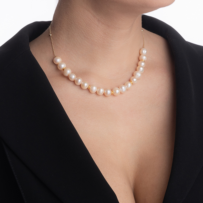 Colier perle de cultura D 9 mm si elemente metalice placate cu aur lungime 38 cm [4]