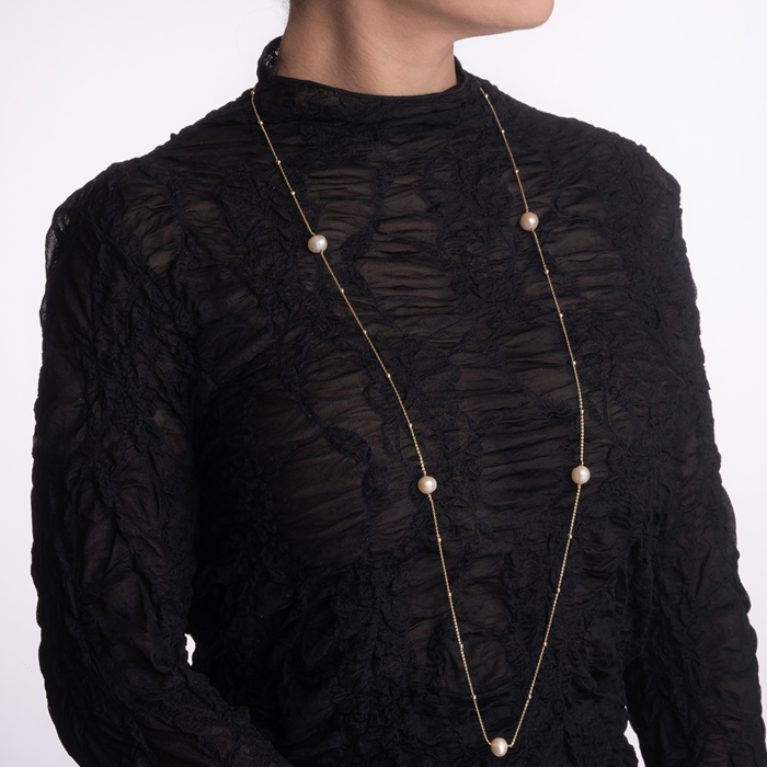 Colier perle de cultura D 9 mm si lant din inox auriu  lungime 104 cm [4]