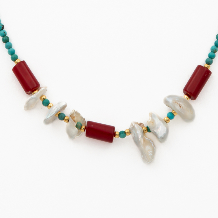 Colier pietre semipretioase turcuaz 2 mm, scoica si coral rosu cu accente aurii lungime 40 cm [2]