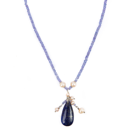 Coliere - Colier tanzanit lapis lazuli si perle de cultura
