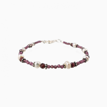 Bratari dama - Bratara argint pietre semipretioase granat microfatetat de 2-3 mm cu perla de cultura  lungime 16-19 cm