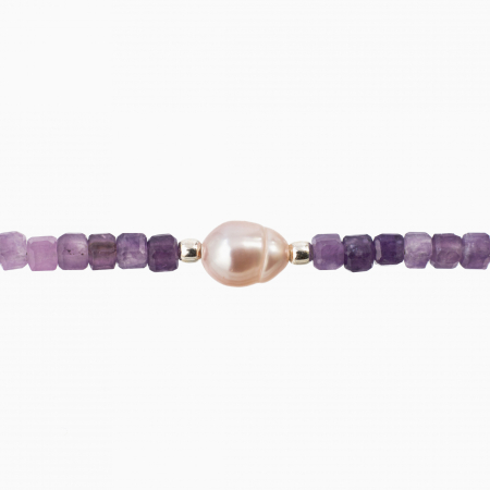 Bratara argint pietre semipretioase lepidolit degrade microfatetat de 2,5 mm cu perla de cultura lungime 16-19 cm [1]
