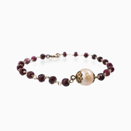 Bratari dama - Bratara argint pietre semipretioase microfatetate granat 4 mm perla de cultura de 8 mm lungime 17-21 cm