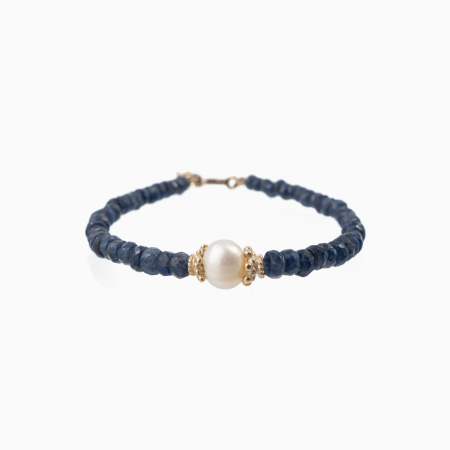 Bratari dama - Bratara argint pietre semipretioase safir albastru discuri fatetate de 4 mm si perla de cultura lungime reglabila