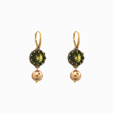 Earrings - Silver earrings with Austrian kaki-green crystals, gold-tone pearl-style beads and Japanese seed beads