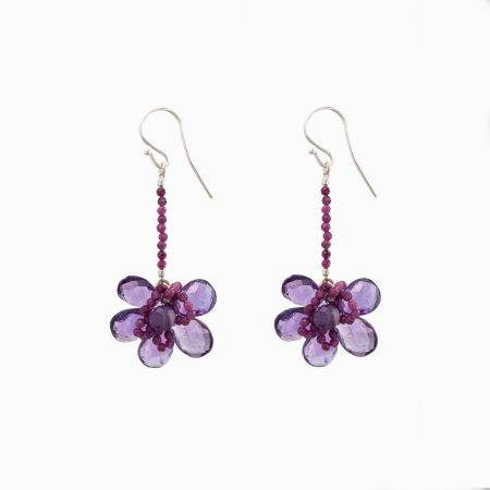 Earrings - Silver earrings with amethyst briolettes and micro-faceted ruby 2 mm