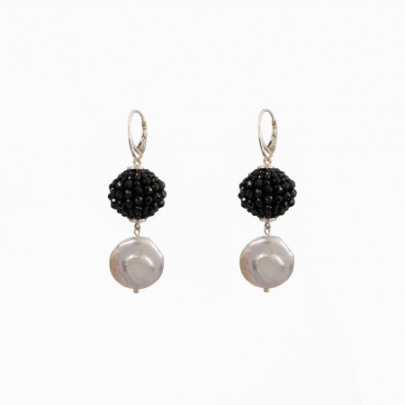 Cercei dama - Cercei argint pietre semipretioase bila spinel negru 20 mm, perla cultura disc 14 mm 