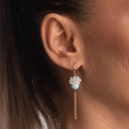 Cercei Gold filed 1/20 pietre semipretioase larimar 8 mm si 5 mm flori din sidef lungime 5 cm [1]