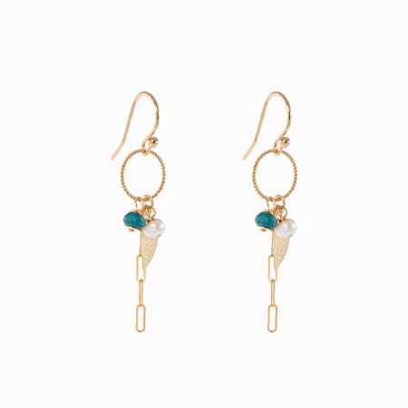 Cercei dama - Cercei perle cultura 4 mm apatit 4 mm cu frunze si lant paperclip, Gold filled 1/20 14K