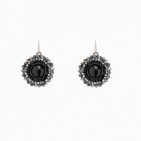 Earrings - Round Czech crystal cabochon earrings, silver-tone black - D 14 mm