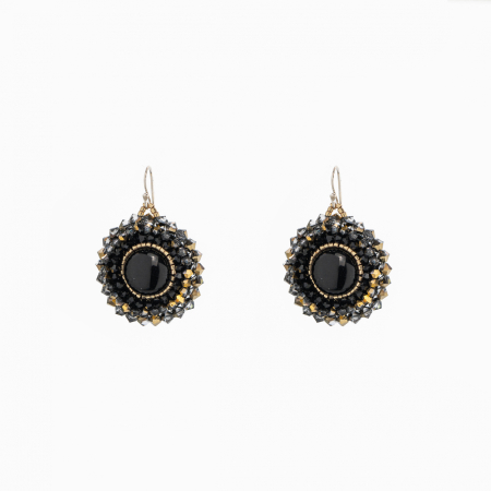 Earrings - Round Czech crystal cabochon earrings, gold-tone black - D 14 mm