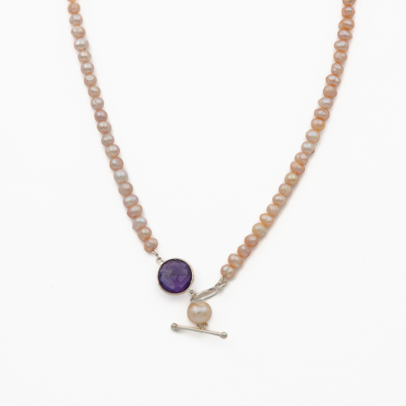 Coliere dama - Colier argint perle de cultura de cultura cu diametrul de 5 mm cu accesoriu din piatra semipretioasa ametist lungime 52 cm