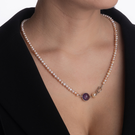 Colier argint perle de cultura de cultura cu diametrul de 5 mm cu accesoriu din piatra semipretioasa ametist lungime 52 cm [2]
