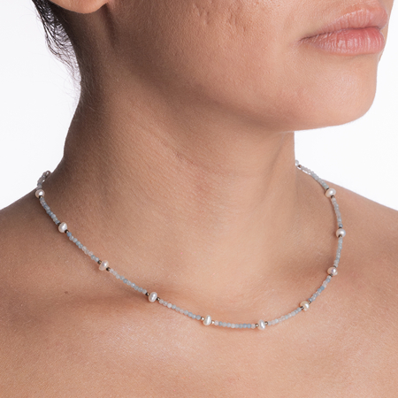 Colier argint pietre semipretioase acvamarin 2 mm si perlute de cultura lungime 42 cm [2]