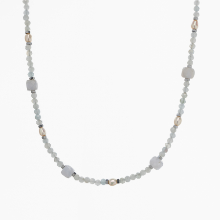 Colier argint pietre semipretioase acvamarin microfatetat 2 mm cubulete din calcedonie, perlute de cultura si accente din hematit lungime 42 cm [0]