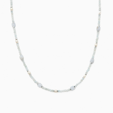 Colier argint pietre semipretioase acvamarin microfatetat 2 mm cubulete din calcedonie, perlute de cultura si accente din hematit lungime 42 cm [1]